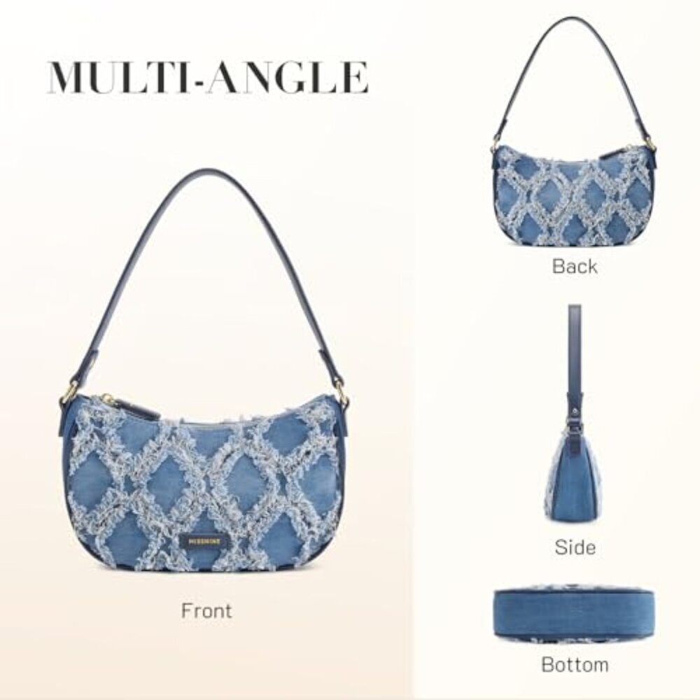 Distressed Denim Hobo Shoulder Bag with Adjustable Strap Mini Purse - Picture 7 of 8